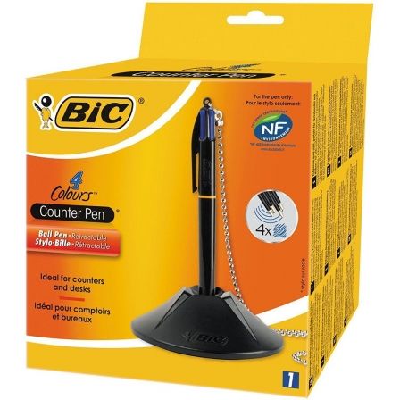 BIC Bolígrafo Counter Pen con 4 Recambios de Tinta Azul, Base y Cadena, Negro